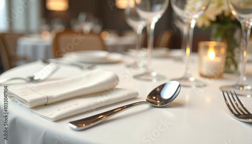 Elegantly set dining table with candles and wine glasses
