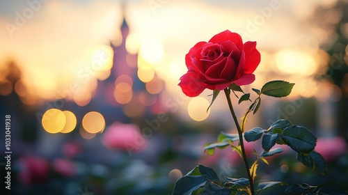 A close-up of a single blossoming rose, with a pink fairytale castle visible in the bokeh of the background