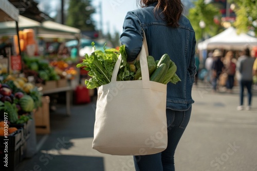 A woman walks away from a farmer's market with a reusable bag full of fresh produce.