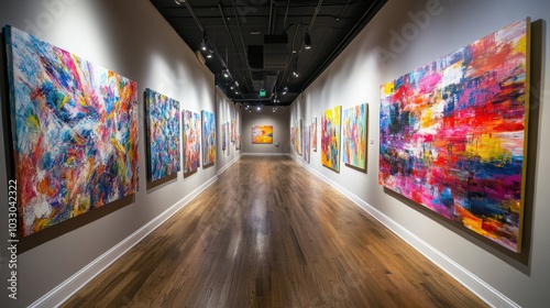 Gallery hallway with colorful abstract paintings.