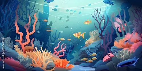 Underwater scene with coral reef and fish. Vector cartoon background.