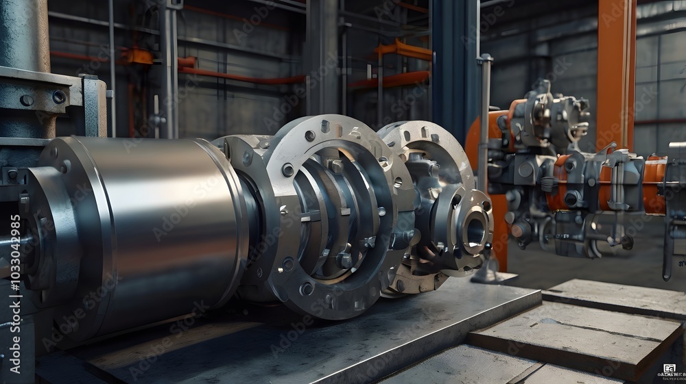 Industrial Machine with Gears and Components on a Factory Floor Industrial Machine with Gears and Components on a Factory Floor