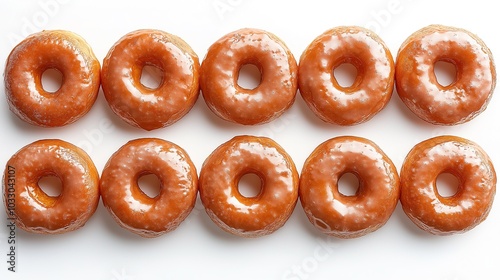 a tempting display of glazed donuts isolated against a clean white background, emphasizing their sugar-coated appeal and making them the star of the scene