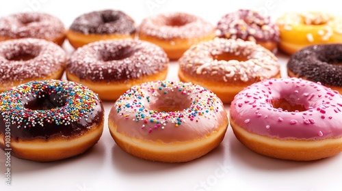 a tempting display of glazed donuts isolated against a clean white background, emphasizing their sugar-coated appeal and making them the star of the scene