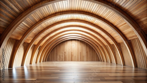 Abstract wooden arch ceiling and curved wall with wide angle photo