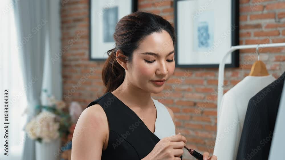 Woman influencer shoot live streaming vlog video review vivancy makeup social media or blog. Happy young girl with cosmetics studio lighting for marketing recording session broadcasting online. Woman influencer shoot live streaming vlog video review vivancy makeup social media or blog. Happy young girl with cosmetics studio lighting for marketing recording session broadcasting online.