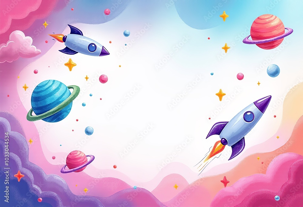 Whimsical Child's Drawing of Rocket Ships and Planets in a Colorful Galaxy: A Dreamy, Pastel Adventure for Imagination Whimsical Child's Drawing of Rocket Ships and Planets in a Colorful Galaxy: A Dreamy, Pastel Adventure for Imagination