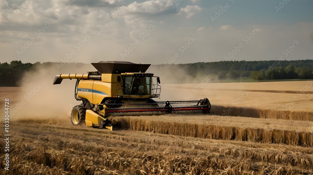 Fototapeta premium Powerful Combine Harvester Working in a Golden Wheat Field