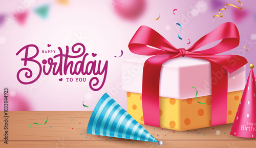 Happy birthday greeting vector banner design. Birthday greeting text with gift box in wood, party hat and confetti elements in simple background. Vector illustration birthday invitation card design.
