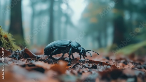 Close-Up of a Beetle on Forest Floor in Fog