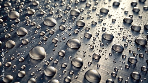 Asymmetrical abstract metal surface with scattered water droplets