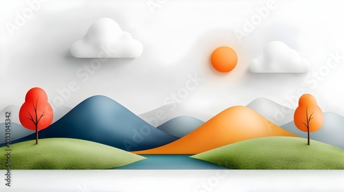 Picturesque rolling hills set against a tranquil countryside landscape with a split complementary color scheme of blue orange and green  This digital has a minimalist photo