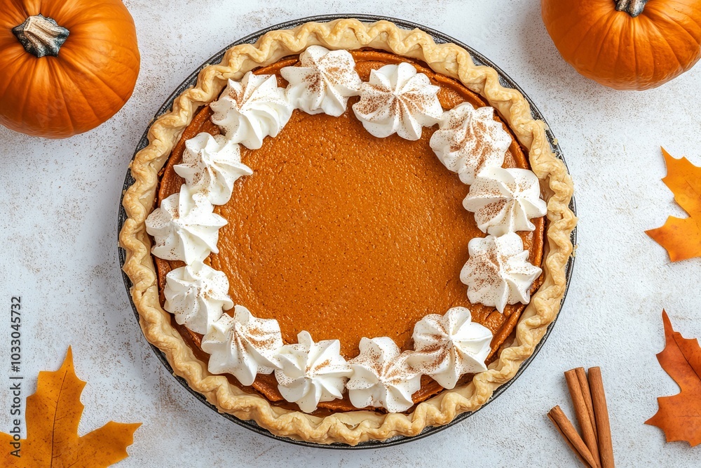 Fototapeta premium Top View Of A Quick Homemade Pumpkin Pie, A Classic Fall Treat For ThanksGiving, With Sweet Flavors And Cinnamon—Great For Celebrations.