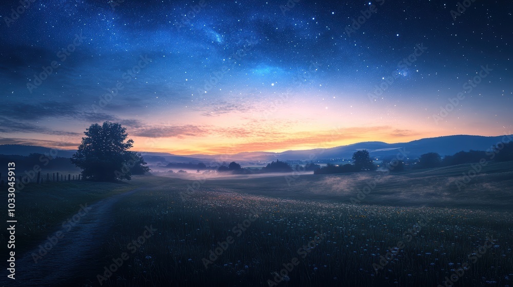 Fototapeta premium Starry night with a misty valley and a lone tree.