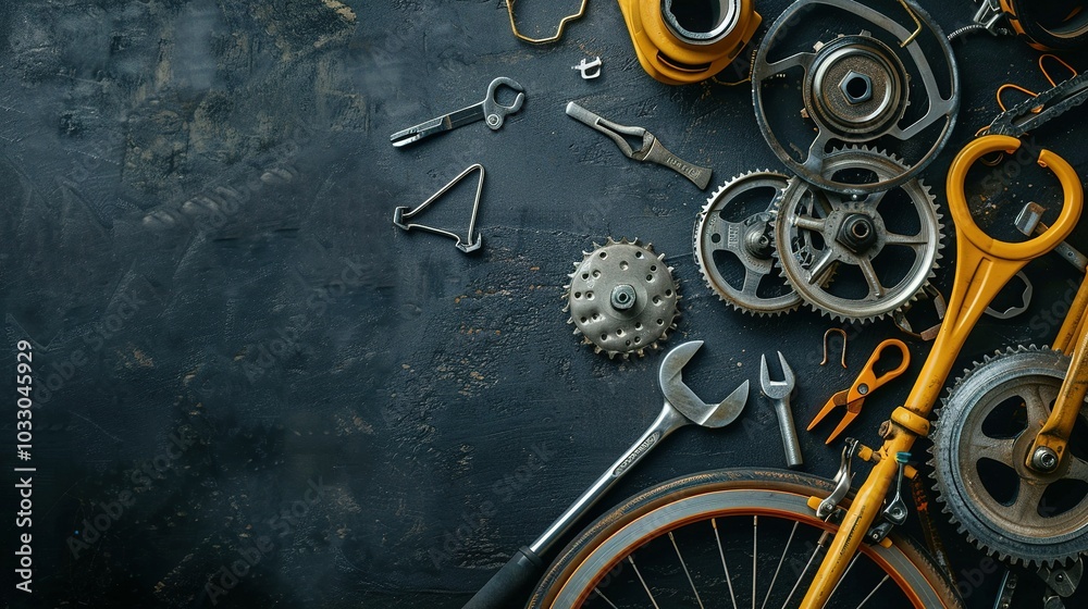 Naklejka premium Cycling Essentials Flat Lay: Bicycle Components and Tools on Black Surface