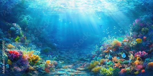 Colorful coral reef with fish and sunlight.