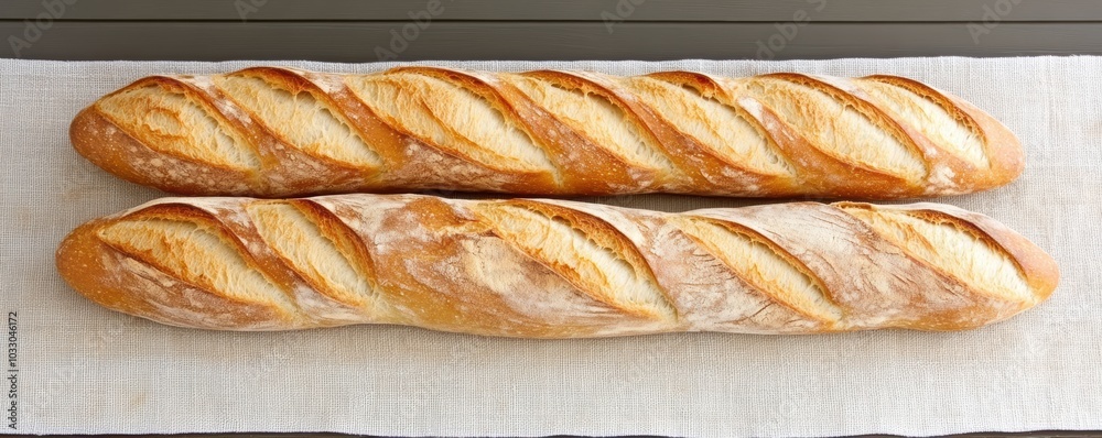 Baguettes with perfectly crisp crusts lined up in a French bakery stall, nestled between other artisan goods at a street market Baguettes with perfectly crisp crusts lined up in a French bakery stall, nestled between other artisan goods at a street market