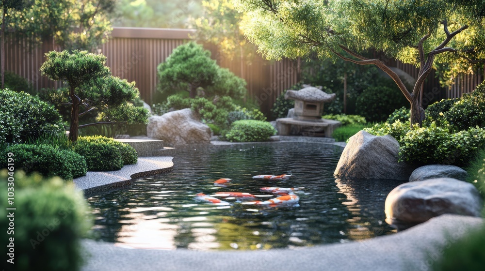 Naklejka premium Koi fish swim in serene Japanese garden pond.