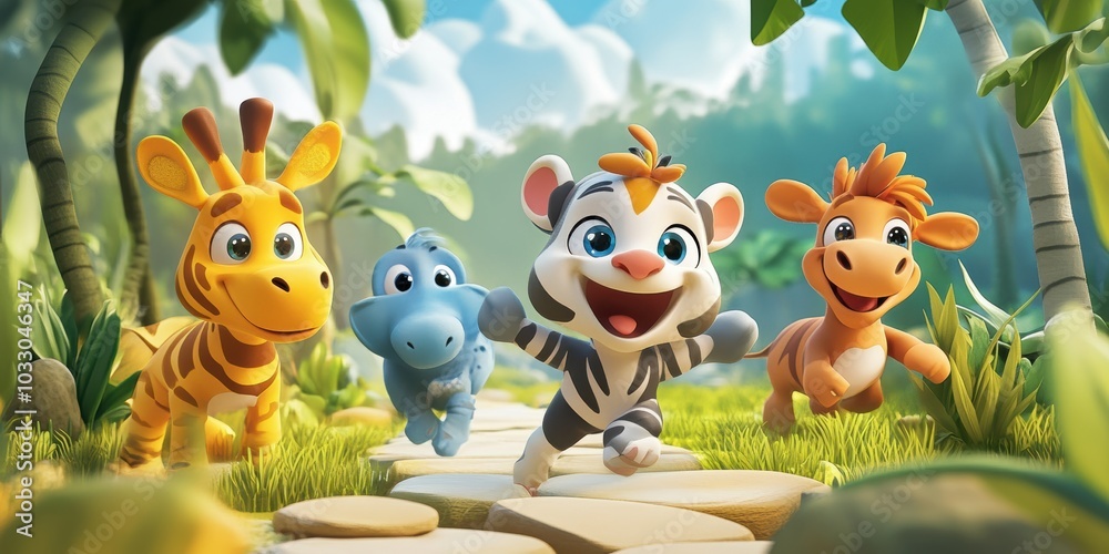 Four cartoon animals walk on a path. Four cartoon animals walk on a path.