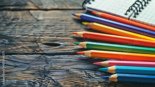 Colorful pencils and school stationery on wooden table, back to school concept with creative educational supplies, vibrant school tools and art materials for students and teachers, wooden background d photo