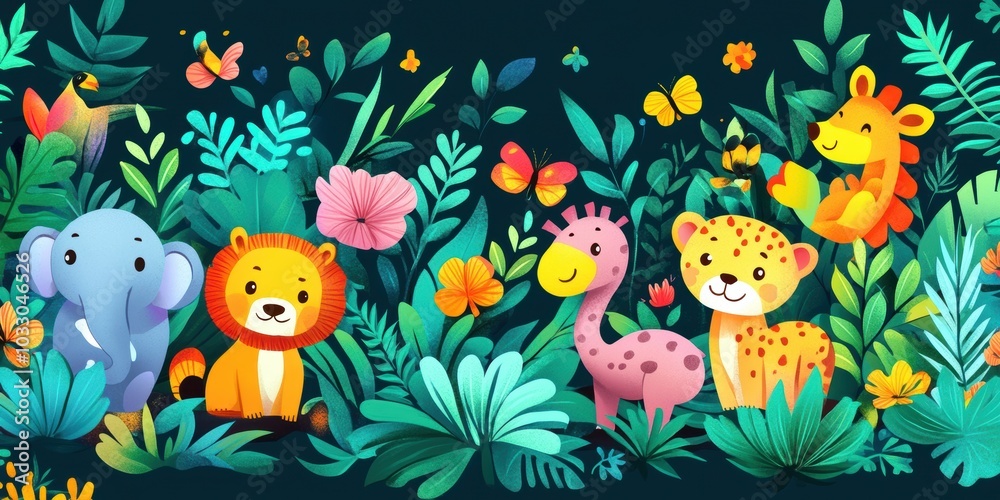 Jungle scene with colorful animals and flowers. Jungle scene with colorful animals and flowers.
