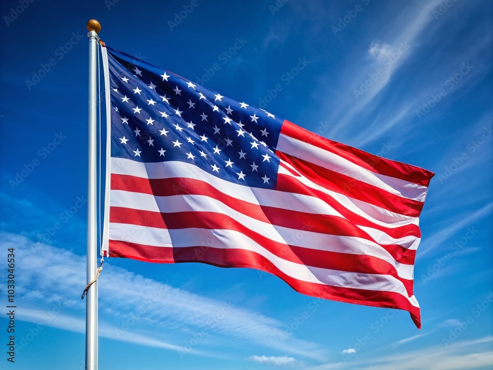 American Flag Against Clear Blue Sky - Minimalist Photography for Patriotism and Freedom Themes American Flag Against Clear Blue Sky - Minimalist Photography for Patriotism and Freedom Themes