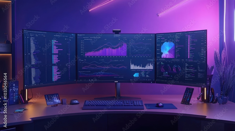 Futuristic Workspace with Multiple Monitors and Data Visuals Futuristic Workspace with Multiple Monitors and Data Visuals
