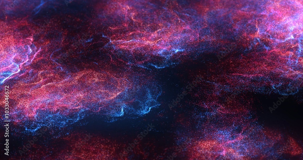 pink and blue glowing particles swirling across a dark background ...