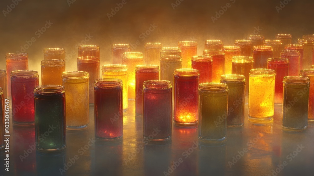 Colorful Jars of Liquid Glow in Dim Light Colorful Jars of Liquid Glow in Dim Light