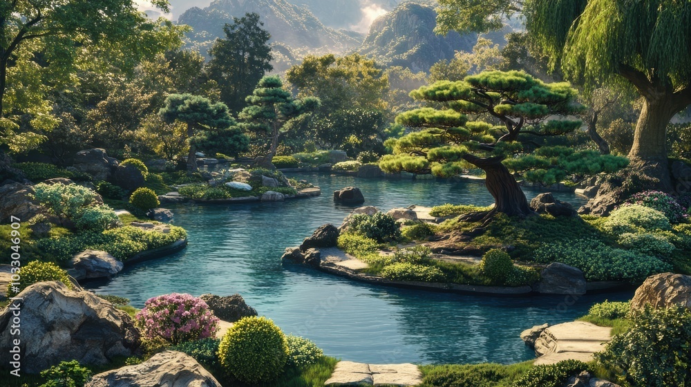 Fototapeta premium Tranquil pond in a lush, green forest.