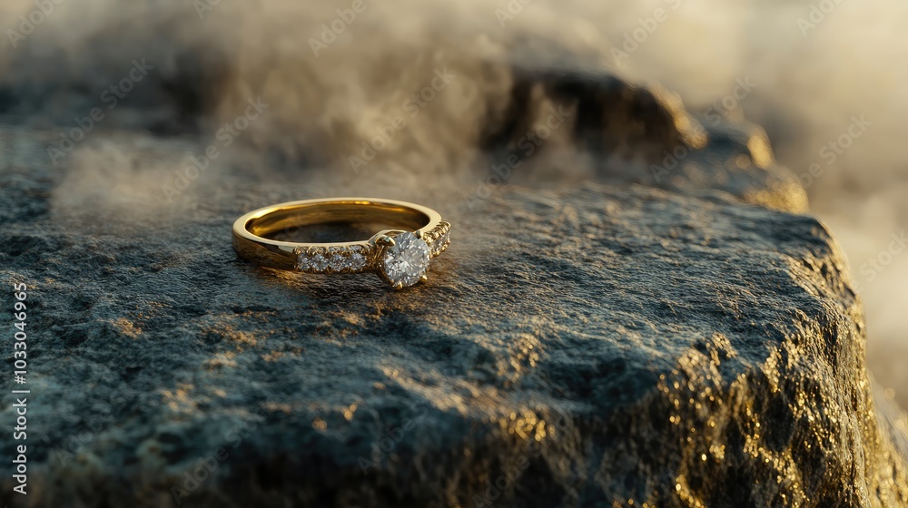 Elegant Gold Ring on Stone Surface with Mist