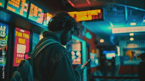 A digital box office screen showing sold-out movie times, with a disappointed customer checking their phone while standing in front of the theater. popularity,frustrated,independent cinema,helpless