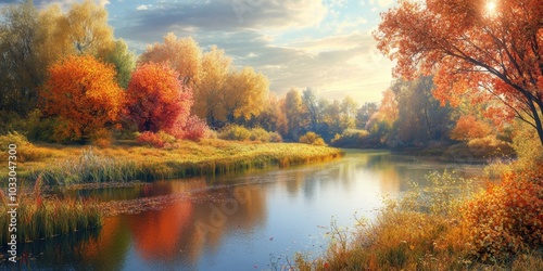 Autumn foliage reflecting in calm river.