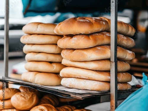 Traditional French bakery display at a street market, with baguettes stacked high and the scent of fresh bread filling the air photo