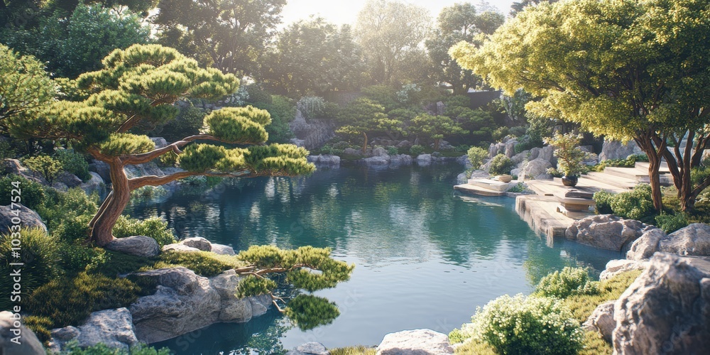 Obraz premium Tranquil pond surrounded by lush greenery.