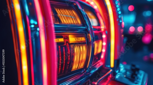 Neon lights illuminate a slot machine.