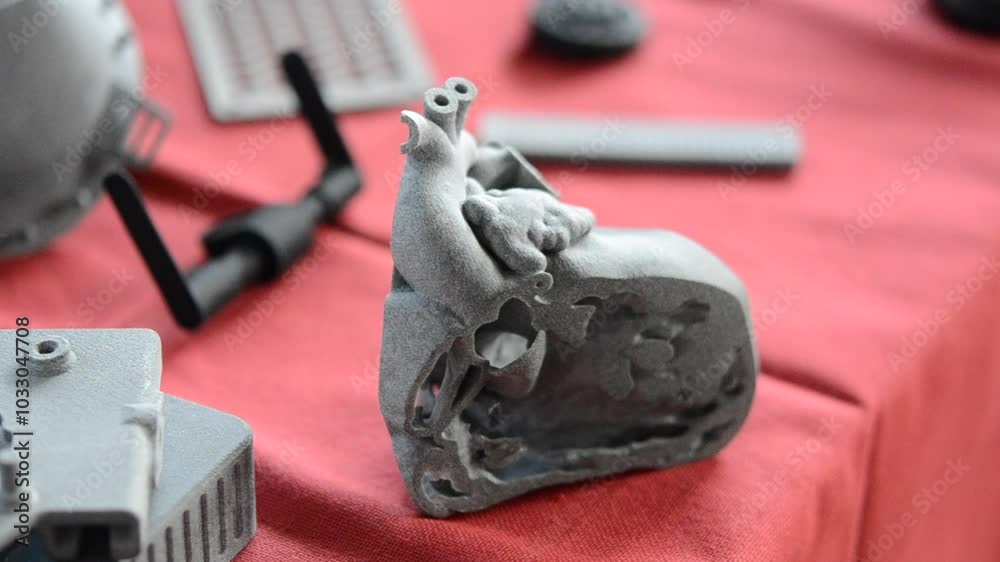 Various objects printed on a 3D printer from molten plastic powder. Different models printed on 3D printer from melted black polyamide powder. New additive 3D printing Multi Jet Fusion MJF technology Various objects printed on a 3D printer from molten plastic powder. Different models printed on 3D printer from melted black polyamide powder. New additive 3D printing Multi Jet Fusion MJF technology