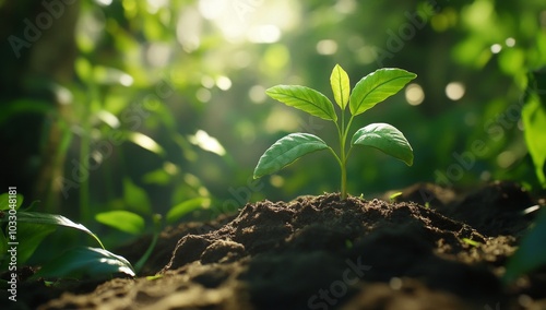 A single green sprout emerges from the soil in a lush forest with sunlight shining through the leaves.