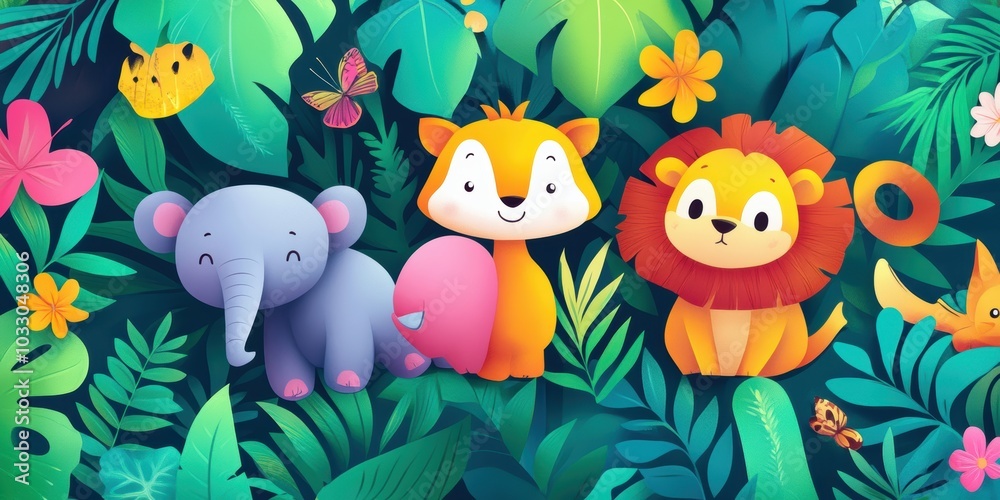 Cartoon animals amidst tropical greenery. Cartoon animals amidst tropical greenery.
