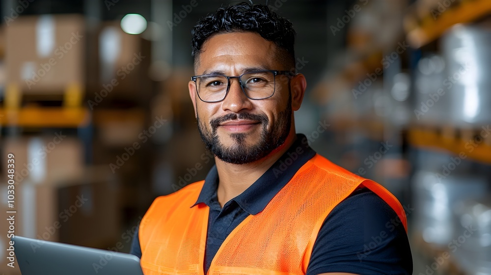 Confident male engineer standing with a laptop in a well organized and equipped industrial warehouse highlighting productivity efficiency and technology in a commercial setting Confident male engineer standing with a laptop in a well organized and equipped industrial warehouse highlighting productivity efficiency and technology in a commercial setting