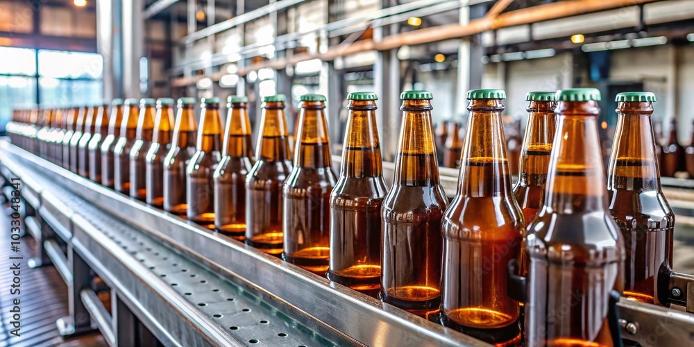 Beer Bottling Process in a Factory Setting - Conveyor Belt Filling Station Beer Bottling Process in a Factory Setting - Conveyor Belt Filling Station