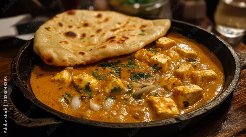 A detailed shot of paneer curry and garlic naan, highlighting the richness of the sauce and the crispy, soft texture of the bread A detailed shot of paneer curry and garlic naan, highlighting the richness of the sauce and the crispy, soft texture of the bread