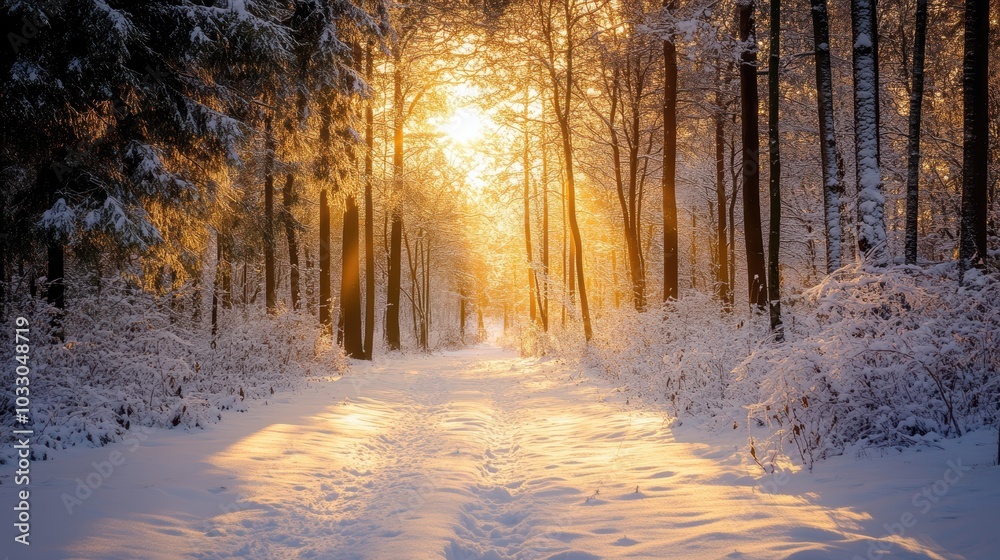 Snowy forest path with golden light. Snowy forest path with golden light.