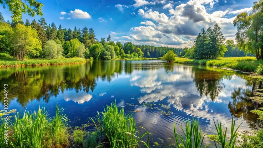 Panoramic nature shot of lake plant and forest during summer Panoramic nature shot of lake plant and forest during summer