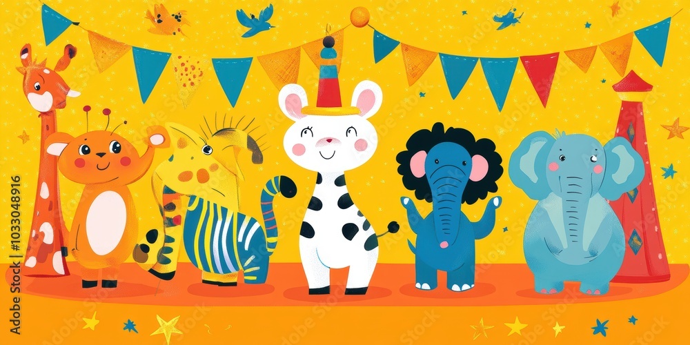 Fototapeta premium Five cartoon animals on stage with circus tent.