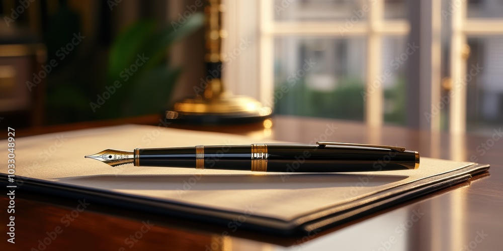 Fototapeta premium Gold pen on leather bound notebook.