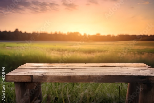 Wooden table in front of blurred nature background. Collage.