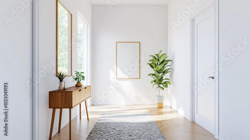 bright and airy hallway featuring mid century console table, decorative plants, and large windows that invite natural light. minimalist design creates welcoming atmosphere
