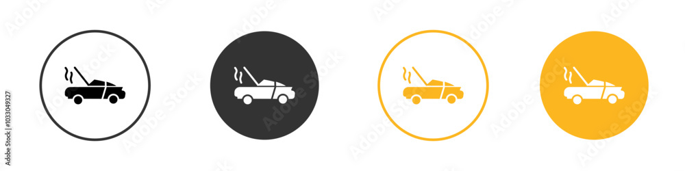 Broken car with open hood icon black and white vector outline sign Broken car with open hood icon black and white vector outline sign