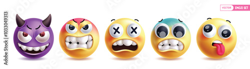 Emoji 3d emoticon character vector set. Emojis facial expression character collection in angry, mad, shock, bad mood, naughty, annoyed and evil face icon elements. Vector illustration round emoticon 